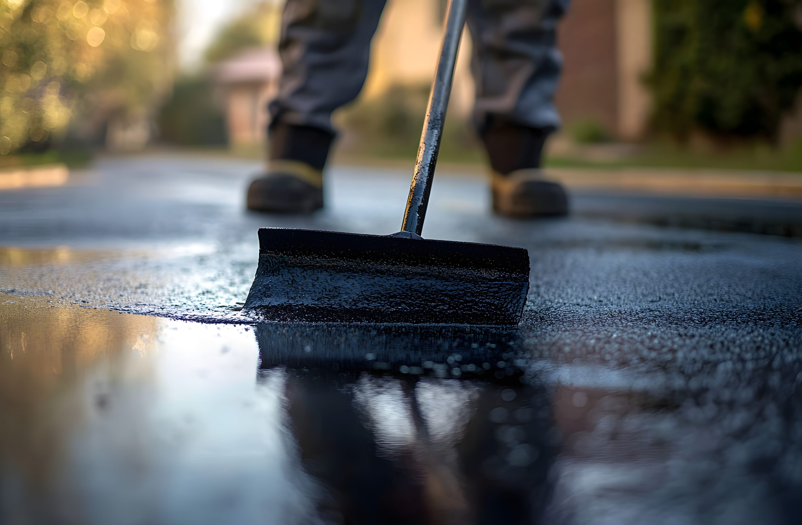 Person sealing driveway with squeegee applicator tool in sunny day. Driveway asphalt sealcoating protects pavement, prevents fractures. Maintenance worker spreads liquid tar coal. Home improvement, resin driveway