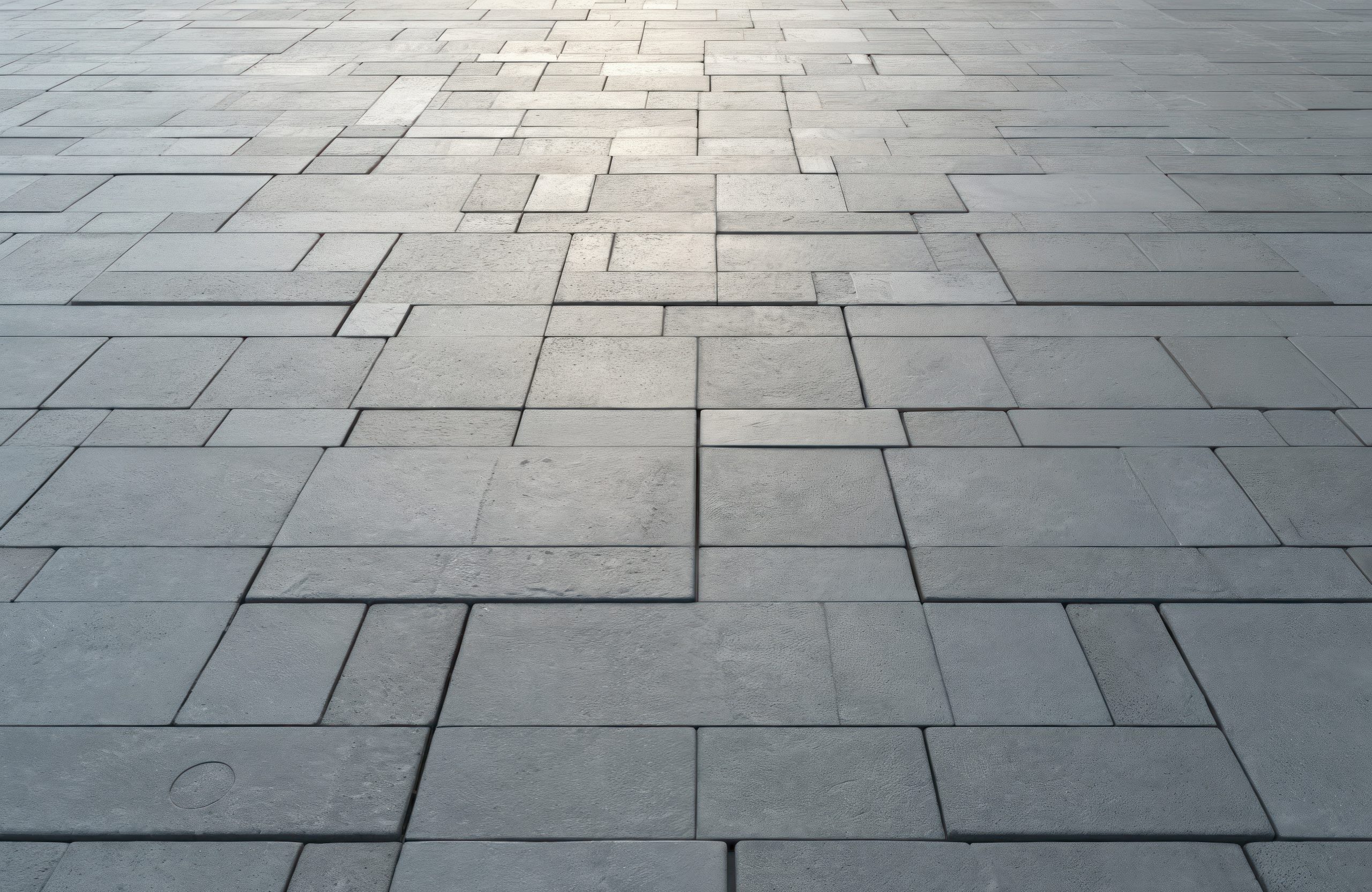 Modern textured paving tiles square shape. Gray cement concrete blocks, seamless pavement. Urban design exterior floor background. Interlocking material. Abstract architecture street path.