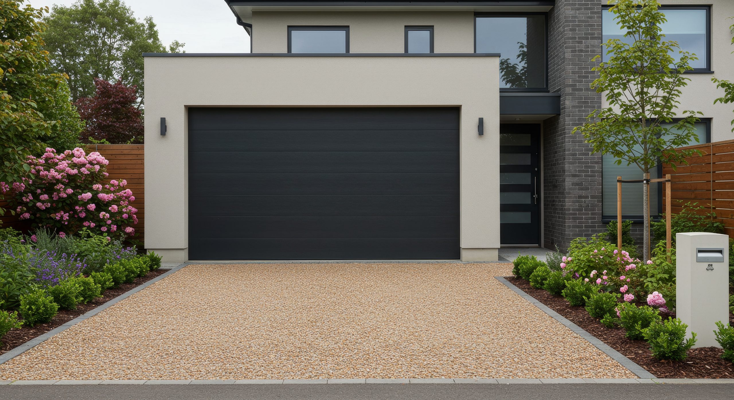 Modern Home Garage and Driveway - Stylish modern home with a dark gray garage door and a light beige resin driveway, landscaped garden resin driveway