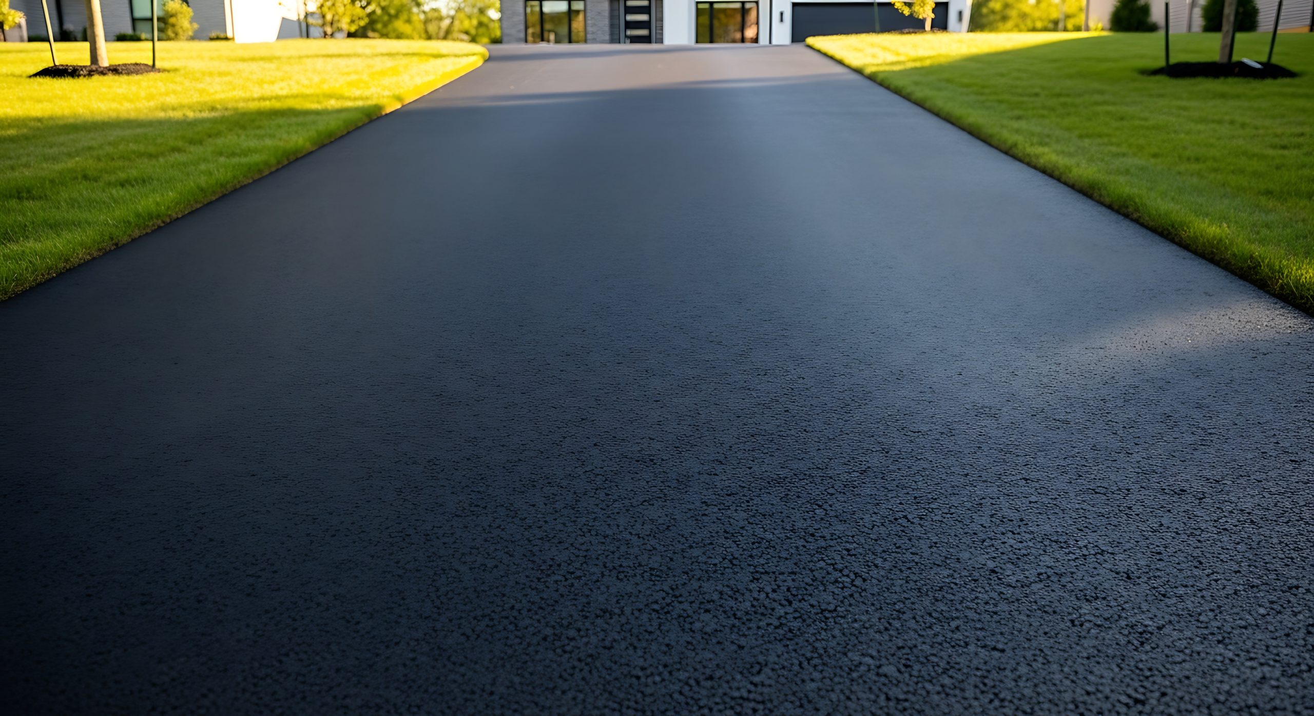 Immaculate driveway with freshly paved asphalt leading to a modern home exterior